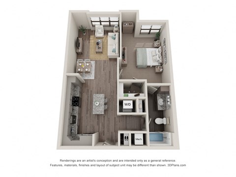 Floor plan for 1 bed, 1 bath, 697 sqft